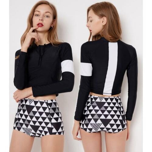 Womens Two Piece Long Sleeve Half Zip Front Surfing Rash Guard Swimwear Padded Push Up Swimsuit Top High Waist Bathing Suit Sun