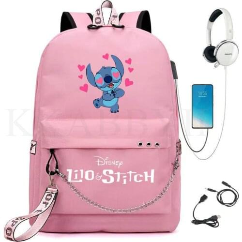Disney Kawaii Stitch Bag Zipper USB Charging Mochila Capacity Backpack Women Kpop School Bags for Teenage Girls Students