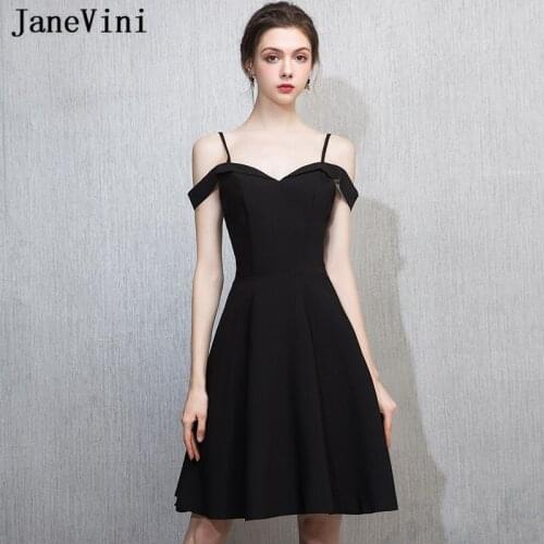 JaneVini Simple Black Satin Short Bridesmaid Dresses for Women A Line Spaghetti Straps Backless Knee Length Maid of Honor Gowns