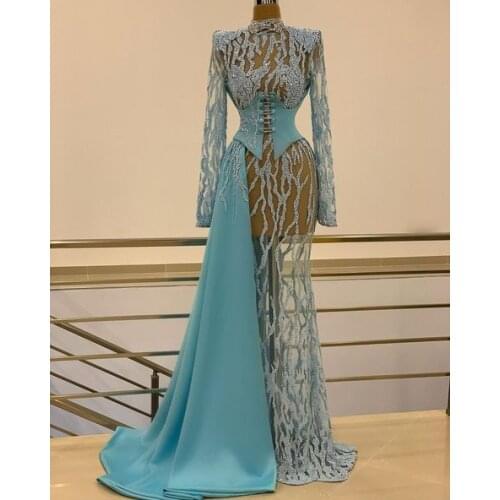 2021 See Through Plus Size Formal African Girl Prom Dresses High Neck Sky Blue Mermaid Evening Occasion Gowns Vestido De Novia