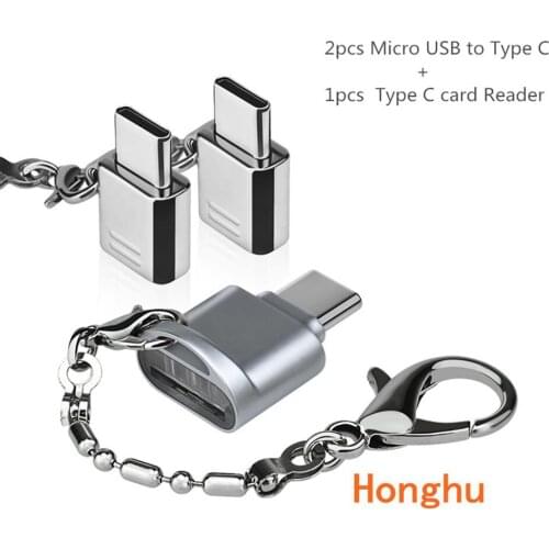 USB Type C Adapter 3 Pack, USB C to Micro USB Convert Connector micro sd TF card reader with Key chain for phone pad tablet