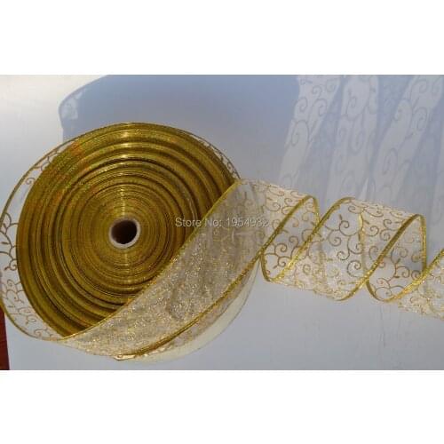 63mm 2.5" Chrismtas gold metallic gift packaging wired edge ribbon 100 Yard/lot Gold color Lace Ribbon Christmas Present