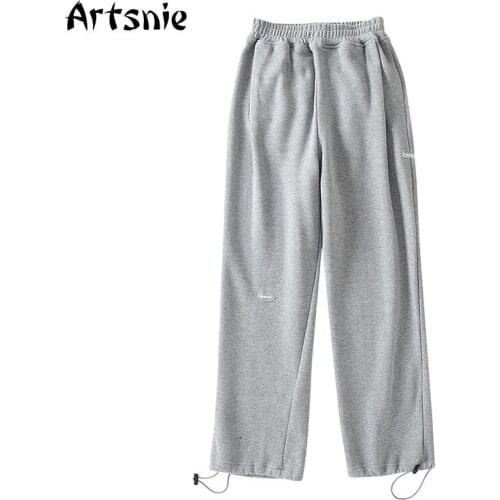 Artsnie High Waist Winter Warm Fleece Wide Leg Pants Women Gray Casual Knitted Trousers Streetwear Vintage Pants Sweatpants