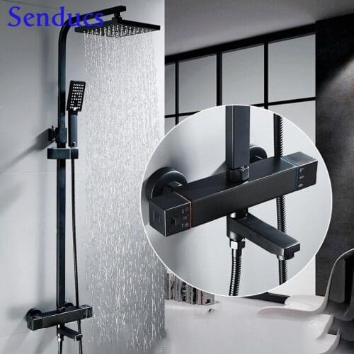 Black Thermostatic Bathroom Shower System Wall Mounted Brass Faucets Pvc Pressure Portable Shower with Valve Mixer 3 Outlet