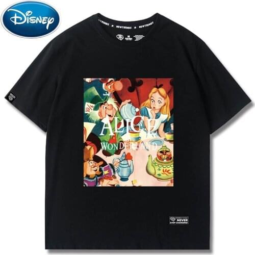 Disney Stylish Cute Alice in Wonderland Cartoon Print O-Neck Pullover Short Sleeve T-Shirt Fashion Women Loose Tee Tops 6 Colors