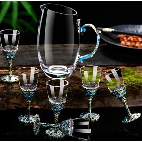 Creative Enamel color white spirit cup mixer set 6pcs Chinese spirit cup 1pcs wine bottle lead-free crystal glass goblet