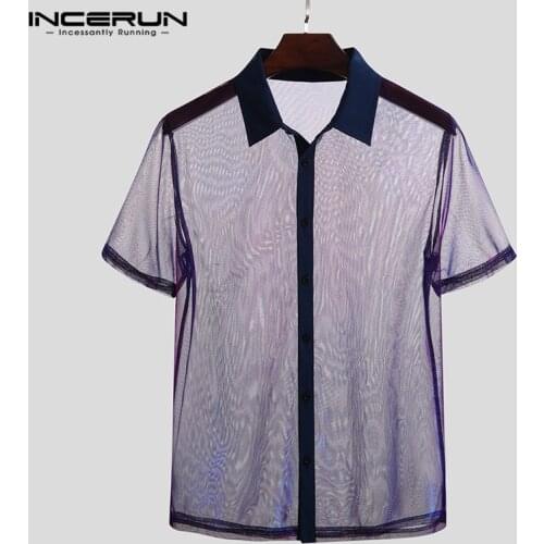 Mesh Shirt Men Short Sleeve Lapel Solid Color Transparent Lapel Chic Party Stage Performance Shirts 2021 Camisas Hombre INCERUN