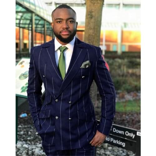 Cenne Des Graoom Men Suits Double Breasted Tailor-Made Costume Homme 2 Pieces Stripe Blazer + Pant Wedding Party Groom Tuxedo