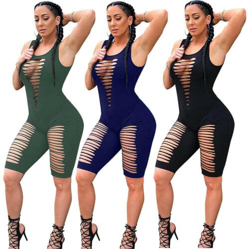 US Summer New Women Sleeveless Burn-out Solid Color Bodycon Cropped Jumpsuit