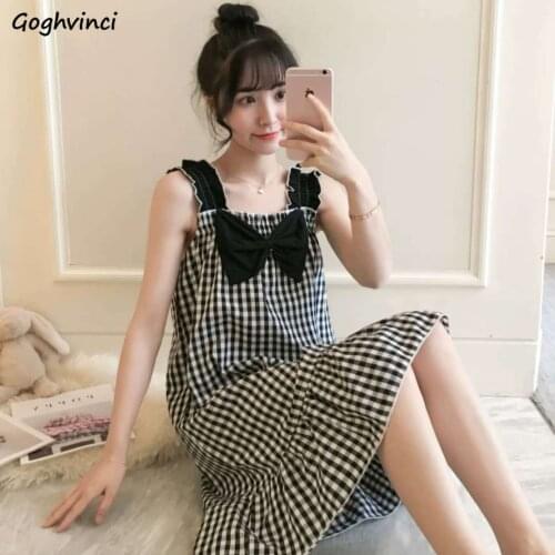 Nightgowns Women Sweet Cozy Sleeveless Preppy Loose Chic Homewear Bow Knee Length Female Nightdress Ulzzang Leisure Plaid Ins