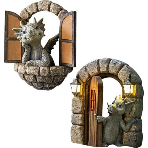 New Cute Dragon Out The Door Garden Resin Statue Yard Art Lawn Decoration Dragon Sculpture Lawn Wall Tree Ornament Decoration