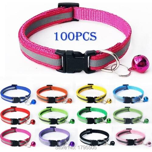 100pcs Reflective Colorful Dog Collar Polyester Night Safety Flashing Glow Pet Dog Collar Solid color Luminous Collar for cats