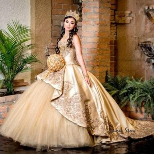 Masquerade Gold Quinceanera Dresses 2020 Sweetheart Ball Gown Puffy Tulle Satin Appliques Prom Dress Lace Up Sweet 16 Brithday