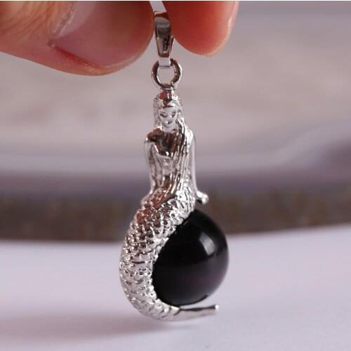 Natural Stone Mermaid Pendant Round Bead Dark Purple Cat Eye Necklace Pendant K1894