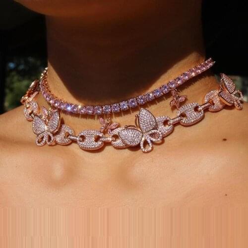 Pink pinky hip hop women jewelry micro pave 5A cubic zirconia coffee beads pig snout link chain butterfly necklace choker