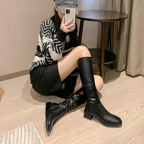 Genuine Leather High Boots Women Winter Warm Back Zipper Party Basic Shoes Woman Riding Boots Square Toe Knee High Boots