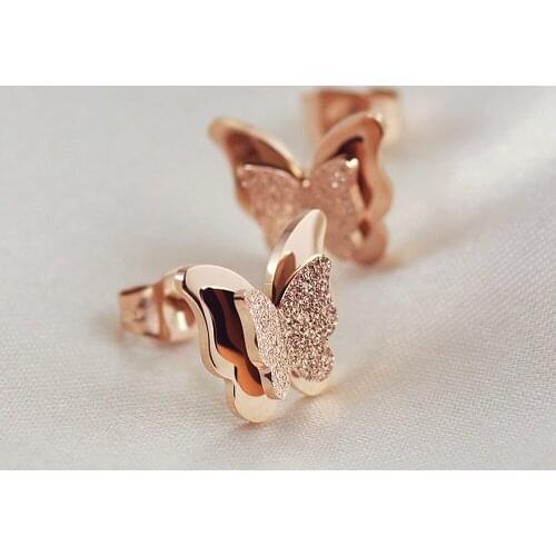 Cyue Temperament Butterfly Titanium Steel Rose Gold Stud Earrings
