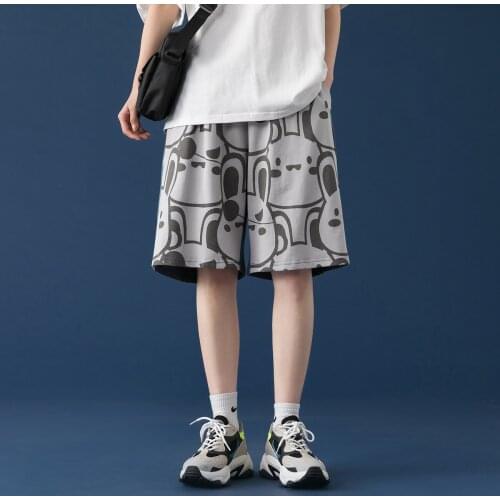 Hip Hop Shorts Mens Streetwear Trousers 2021 Summer Rabbit Print Patchwork Harajuku Joggers Short Pants Knee Length Loose Cotton