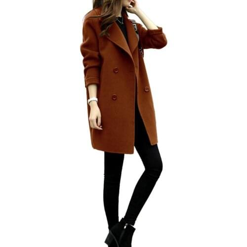 Women Autumn Jackets Winter Jackets Solid Color Lapel Double-breasted Midi Coat Woolen Outwear abrigos para mujer