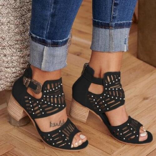 Women Sandals 2021 New Square Heel Rome Style Solid Elegant Female High Heels Peep Toe Hollow Out Buckle Lady High Heels