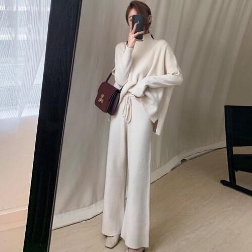 Women Autumn Winter Casual Tracksuits Knitted 3 Three Piece Set Turtleneck Vest +round Collar Top with High Waist Wide Leg Pants