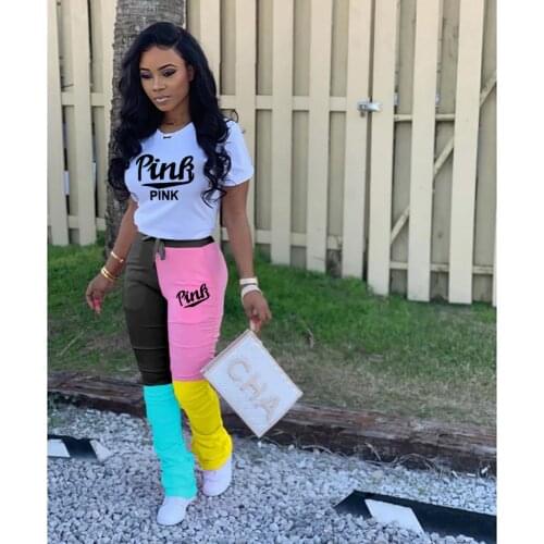 2021 New Arrival Famous Brand 2 pcs Tracksuits Women Set Letters O-neck Tops and Long Pants Summer Casual Elastic Outfits