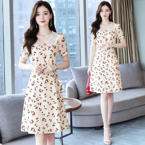 Women Midi Floral Cherry Dress Summer 2021 Runway Elegant Boho Vintage Korean Casual Vacation Party Night Dresse Chiffon Clothes