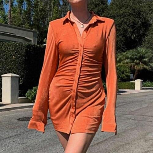 Women Dress female mini dress Autumn Pleated Casual Long Sleeve Turn-Down Collar Button Blouse dress women Party Dress Vestido