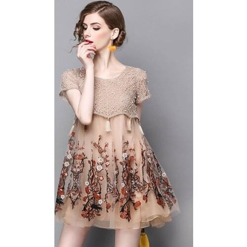 2010 Summer Women Short Sleeve Mesh Patchwork Embroidery Flower Dress , Ruffled Dresses for Woman , Womens Clothes