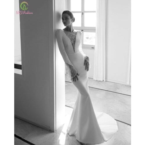 SSYFashion New Luxury Elegance White Evening Dress Sexy Slim Mermaid Long Sleeve Backless Prom Formal Gowns Vestidos De Noche
