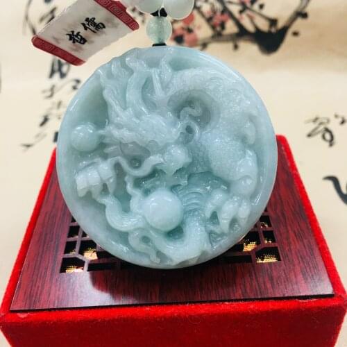 Zheru pure natural Jadeite carved light green large dragon play beads pendant with three-color beads sweater chain Send A certif