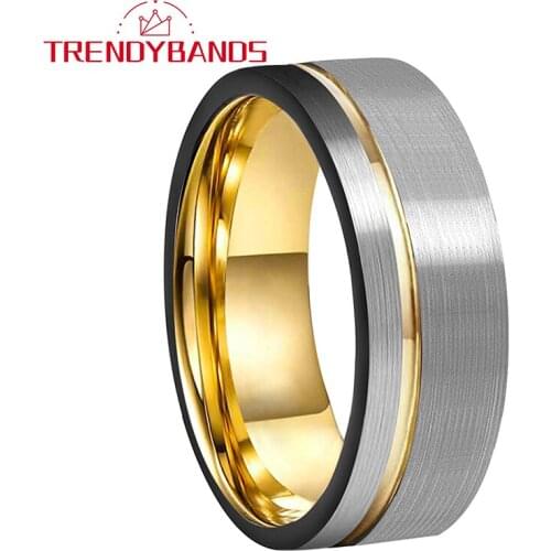 8MM Gold Wedding Band Tungsten Carbide Jewelry Ring With Black Sides And Offset Groove Comfort Fit