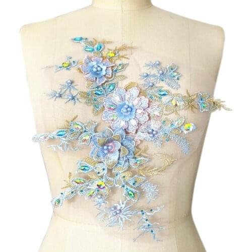 4 PCS 3D LAce 29x34cm Dance Womens Clothes Bridal Wedding Sew on Rhinestones Patches Appliques Diy Sewing Costumes Decorations