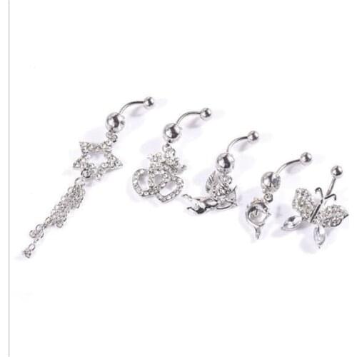 5pcs/set Cute Butterfly Navel Rings For Women Surgical Steel White Crystal Navel Bars Belly Button Ring Piercing Body Jewelry