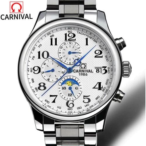 Relogio Masculino Carnival Luxury Brand Watch Fashion Men Week Month Date Moon Phase Automatic Mechanical Military Wrist Watches