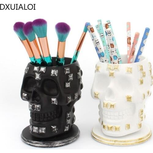 DXUIALOI Creative Sequin Skull Rotating Pen Holder Desktop Makeup Tool Storage Tube Halloween Storage Decoration Home Decoration