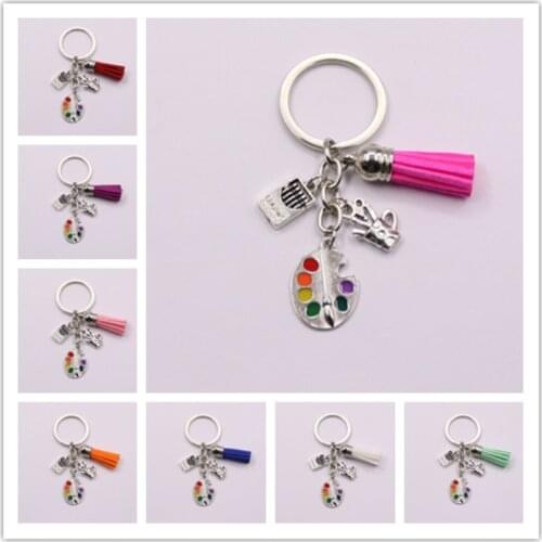 1Pcs Painters Tools-Palette&Brush Keychain With Tassel Jewelry Tibetan Silver Charm Pendant Key Chain Ring DIY Fit Keychain