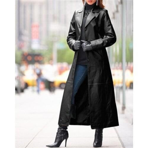 Black Moto Style Turn Down Collar Long Sleeve PU Leather Long Coat for Women Punk Solid Color Cool Girl Jacket Outerwear Winter