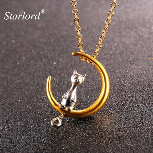 Cat Moon Necklace Pendant Stainless Steel/Gold Color Link Chain For Pet Lucky Jewelry Cat Lover Gift GP2419
