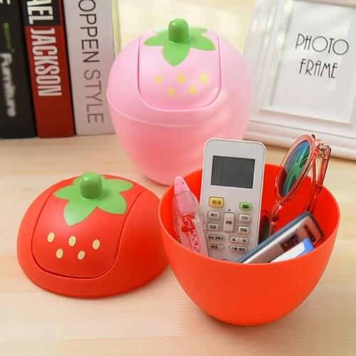 Cute Strawberry Plastic Waste Bin Swing Lid Mini Trash Can Garbage Storage Box for Kitchen Table Desk Car Decoration B03E