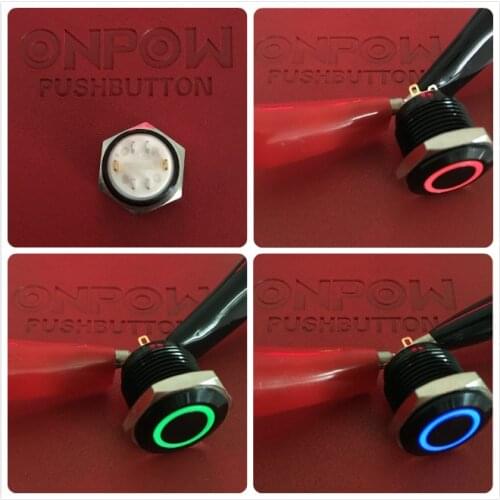 ONPOW 16mm Tri-color RGB Momentary ring LED illuminated Black alloy Push Button Switch (GQ16F-10E/J/RGB/6V/A) CE,ROHS