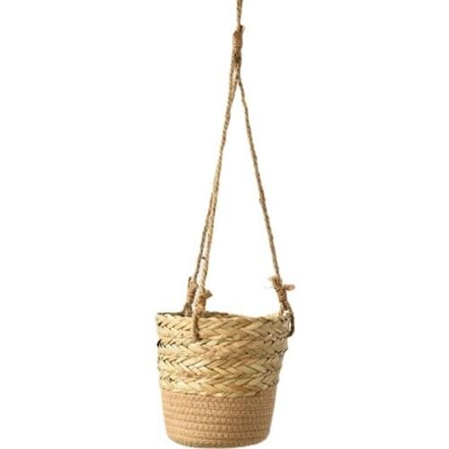 Hanging Basket Cattail Rope Woven Basket Hanging Wall-Mounted Flower Arrangement Basket Round Straw Flower Pot