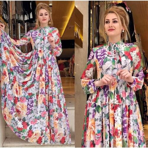 Holiday Casual African Dresses 2021 Elegant Chiffon Doll Collar Long Sleeve Autumn Maxi Vestidos Floral Print Boubou For Ladies
