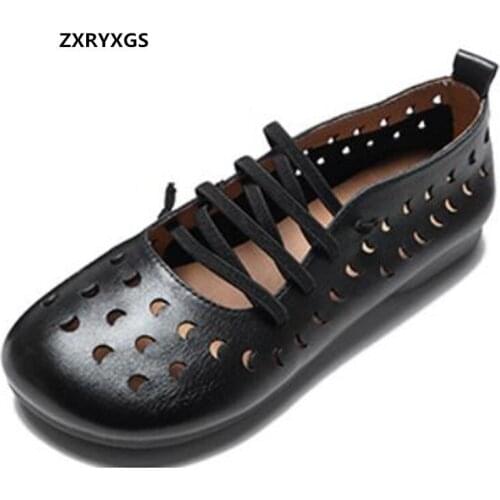 Promotion 2021 New Fashion Breathable Hollow Hole Shoes Full Genuine Leather Sandals Women Soft Comfortable Shoes Casual Flats