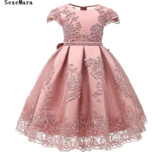 Pink Customized Flower Girl Dresses Kids Clothes Pearls Lace Children Baby Girls Birthday Dress Pageant Gowns Cap Sleeve