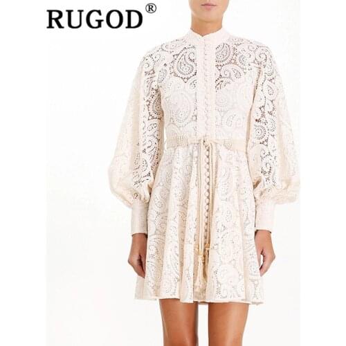 RUGOD Elegant Solid Midi Dress Women Vintage Lace Embroidery A-line Ladies Dress Fashion Lantern Sleeve Lace up Dresses Vestidos