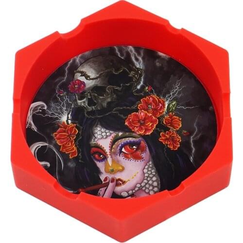 Cool Girl Pattern Silicone Ashtray Red Hexagon Shape Premium Ash Tray Durable for Cigarette Ashes Smoking Accessories