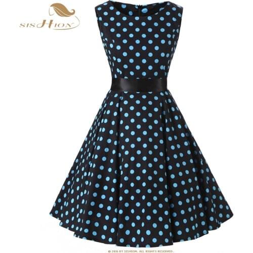 SISHION Sleeveless Vintage Dress 50s 60s Retro Big Swing Rockabilly Party Dresses Black with Blue Dot with Belt Tunic Dress 0522