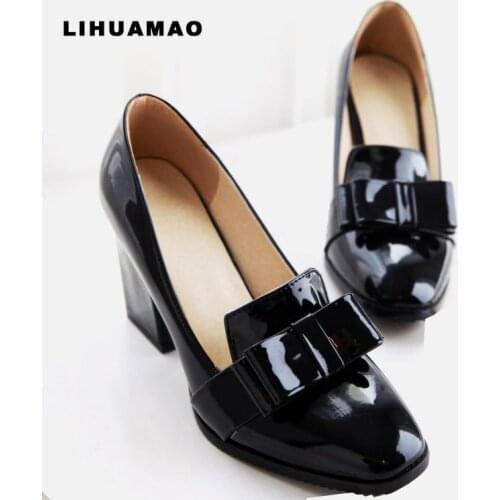 LIHUAMAO Women chunky Heel Pumps Square Heel Pointed Toe Wedding shoes Party Dancing Ladies Dress Shoes platform bowtie knot