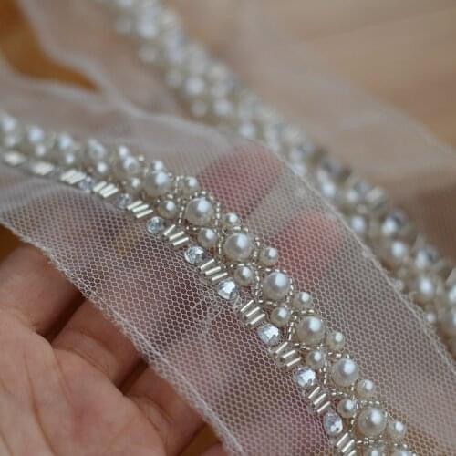 Pearl Beaded Lace Trim 2 Yard For Costume Wedding Dress Belt Brial Sash Jewelry Design